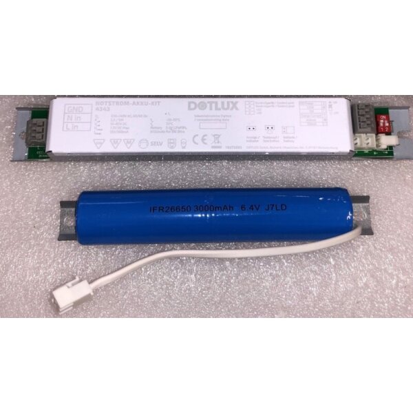 DOTLUX NOTSTROM-AKKU-KIT 5W/2,5W Konstanleistung (3h/6h) für konstantstrombetriebene LED-Leuchten mit ext. Testknopf LiFePO4 6,4V zum Nachrüsten von z.B. linearen Leuchten